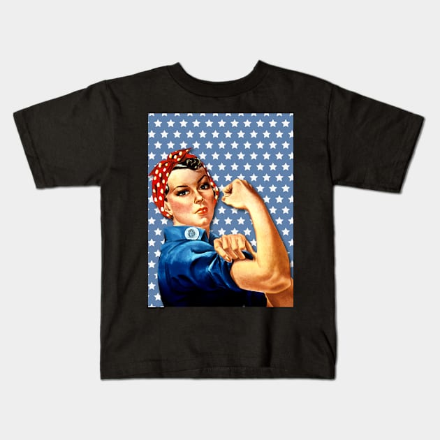 Rosie the Riveter- USA Starred on Blue background pattern Design Kids T-Shirt by best-vibes-only